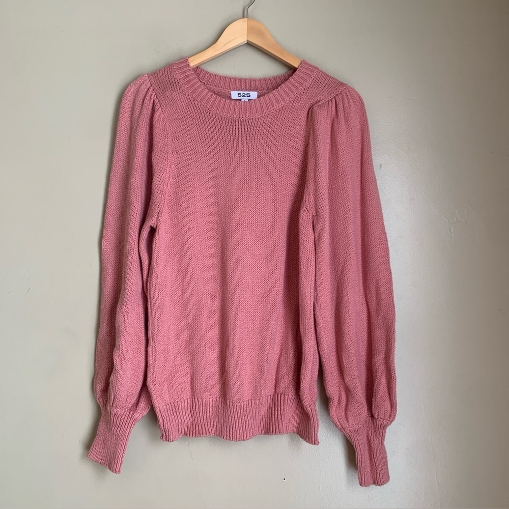 525	Pink Finley Puff Sleeve Crew Knit Sweater Classic Crewneck Warm Fall Cozy